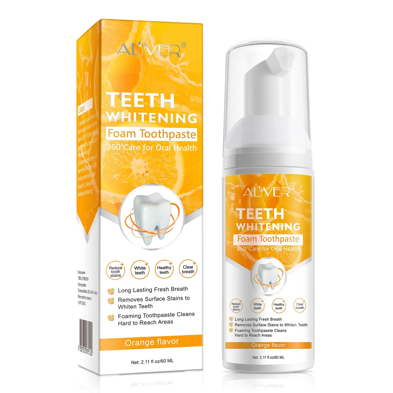Aliver Teeth Whitening Toothpaste Foam, Fruit Flavor